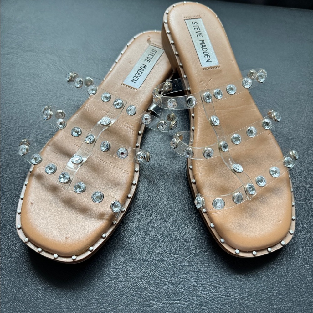 Steve Madden Clear and Tan Crystal Embellished Sandals